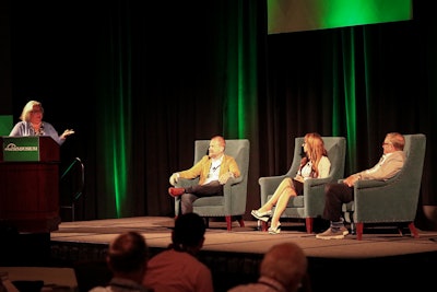 Moderator Mary Malone asks questions to panelists Mike Hammond, MacKenzie Melton and Jack Porter about driver onboarding strategies during the CCJ Spring Symposium on Wed. May 8.