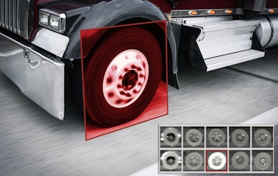 The image shows what officers see in the weigh station when a vehicle drives past thermal inspection technology. Here, the officer would want to pull the truck in and inspect the tire that has a glowing white heat signature.