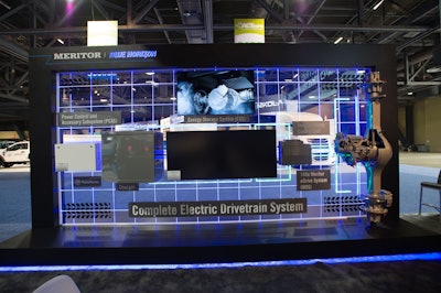 Meritor’s electric powertrain display layout at ACT shows components from front wheels to rear. (Credit: ACT Expo 2019)