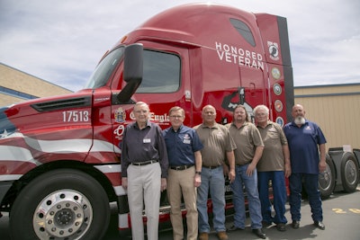 Gene England, C.R. England President Emeritus; Dan England, C.R. England Chairman; and drivers and employees recognized at last week’s ceremony, Garth Patterson, John Crabtree, Richard McDonald and Steve Atkins.