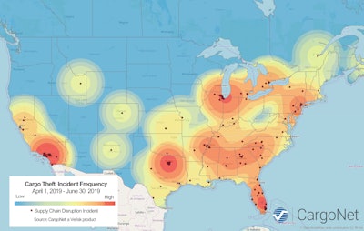 CargoNet recorded a 14% decrease in thefts year-over-year in the second quarter. California, Florida and Texas saw the most cargo thefts during the quarter, the firm reports.