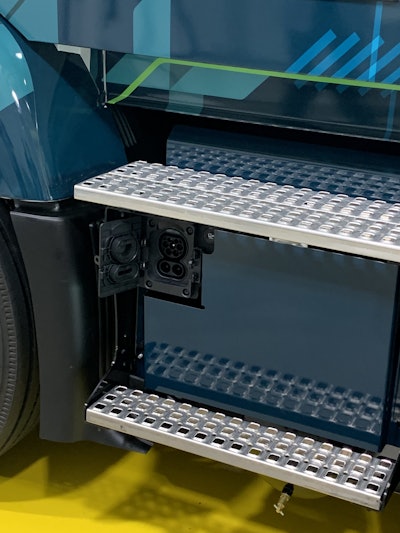 The truck’s charging port is under the driver’s door.