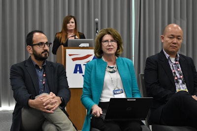 Spireon executives Reza Hemmati, vice president of product management (left), Roni Taylor, senior vice president of strategy and business development, and Terence Lei, senior product manager, spoke during a press conference, Oct. 7, at the American Trucking Associations MCE conference.