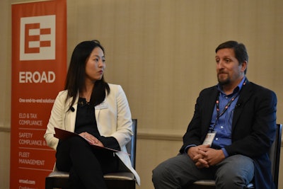 Joe DeLorenzo, director, FMCSA office of enforcement, answers questions at the EROAD user conference from Soona Lee, EROAD’s director of regulatory compliance.