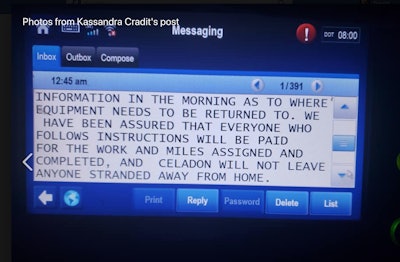 Multiple Celadon drivers reported receiving this message, deployed by the company at 12:45 a.m. Monday.
