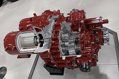 Two 130-kW motors, delivering a combined 496 peak horsepower and 4,051 lb.-ft. of torque, are matched to a two-speed Mack Powershift transmission.
