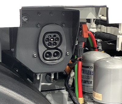 The truck’s four NMC lithium-ion batteries are charged via a 50kW, SAE J1772-compliant charging system.