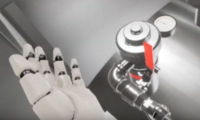 During the training, the user wears a headset (below) and holds a controller in each hand, allowing them to use their hands in the virtual environment (above).