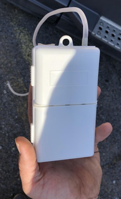 A battery-operated aerator, like the one shown above, is placed into the buckets in a truck cab along with a ClO2 pellet according to RP 443 bed bug protocol.