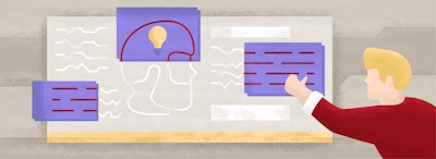 whiteboard with scribble and drawing of head with lightbulb inside, illustrated man giving a thumbs up