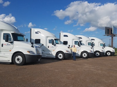 Chris Fann of C. Fann Transportation in Texas poses with some of his fleet’s trucks. The stalled economy and poor rates have forced Fann to turn over 30 of his fleet’s tractors back to Penske, since he couldn’t afford lease payments on them. The fleet now operates 19 trucks. Fann advocates for more transparency from brokers in price negotiations, but he cautioned against increased regulations, saying it is a slippery slope that could lead to more problems down the road. “They give us a load sheet. They’re transparent with just about everything else on that load confirmation. They should be transparent with the rate that they’re getting paid,” he said. “And if they weren’t guilty of taking it all, they wouldn’t have any problems.” Fann said he worked with a broker in years past that was open about taking a 10% cut of the shipper’s paid rate. “We’d take his freight because we knew that he was transparent,” Fann said. “You can respect that. If it’s cheap, you know he’s just taking 10 percent so you know he’s not making a million dollars on it.”