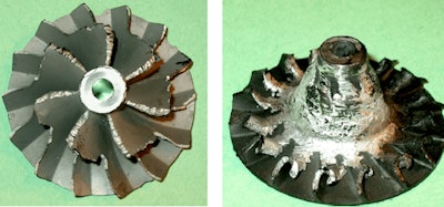 two compressor wheels with severe damage caused by a foreign object in the turbocharger
