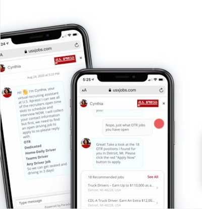 When drivers visit the website of U.S. Xpress, a virtual assistant provides immediate answers to guide them through the recruiting process.