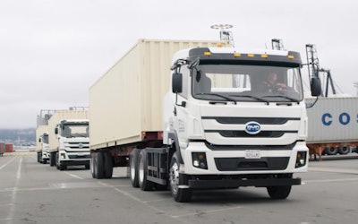 Three all-electric BYD 8TTs at GSC Logistics run mostly at the Port of Oakland. Veteran drivers have been “really happy” with the trucks according to Brandon Taylor, GSC Logistics director of transportation.