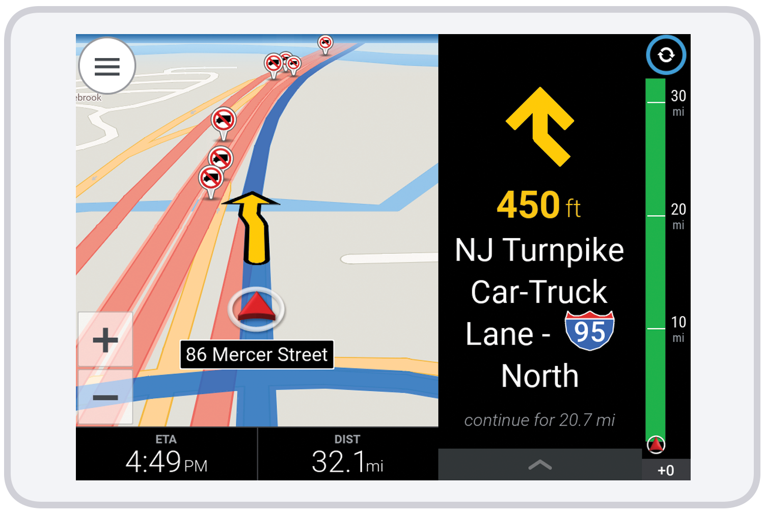 Trimble MAPS V10 3D showing the NJ Turnpike Car-Truck Lane I95 North 