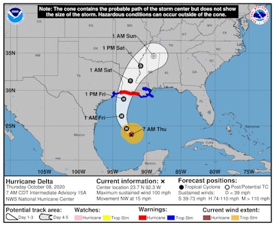Hurricane Delta is forecast to make landfall Friday as a major hurricane along the Louisiana coast. (National Hurricane Center image)