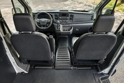 New for the 2021 model year, all Ford Transit vans up to 9,500 pounds GVWR have a 50 percent wider clear aisle between the front seats, making access to the cargo area easier than ever for hardworking drivers.