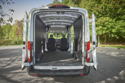 A number of design refinements make walking from the front of a 2021 Transit van to the rear more efficient for delivery drivers and vacationers alike. The manual parking brake on the floor by the driver’s seat has been replaced in all Transit vans up to 9,500 pounds GVWR by an electronic parking brake, creating a 50 percent wider clear aisle between the front seats. The overhead storage shelf is now optional, providing more clearance when standing.