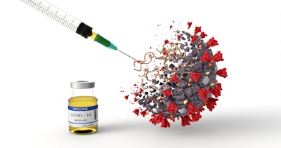 COVID vaccine vile with a hypodermic syringe injecting the vaccine into a COVID-19 cell
