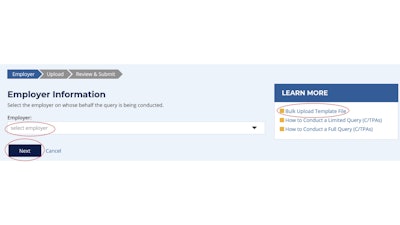 Employer Information with select employer, bulk upload template file, and next button circled