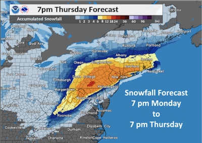 A strong winter storm is expected to dump a foot or more of snow in many areas in the Mid-Atlantic and southern New England states as the week goes on.