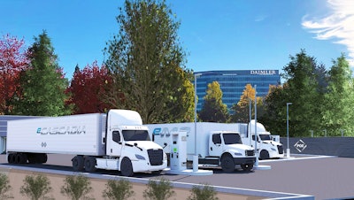 Daimler Trucks North America and Portland General Electric are partnering to co-develop “Electric Island” in Portland, a public charging site for medium- and heavy-duty electric trucks. (Image courtesy DTNA)