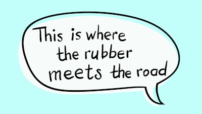 Business Buzzword: “This is where the rubber meets the road” – vector handwritten phrase