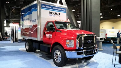 Roush CleanTech unveiled their all-electric F-650 box truck in 2018 at the Advanced Clean Transportation Expo in Long Beach, Calif.