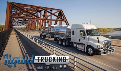 Liquid Trucking semi-truck crossing a bridge