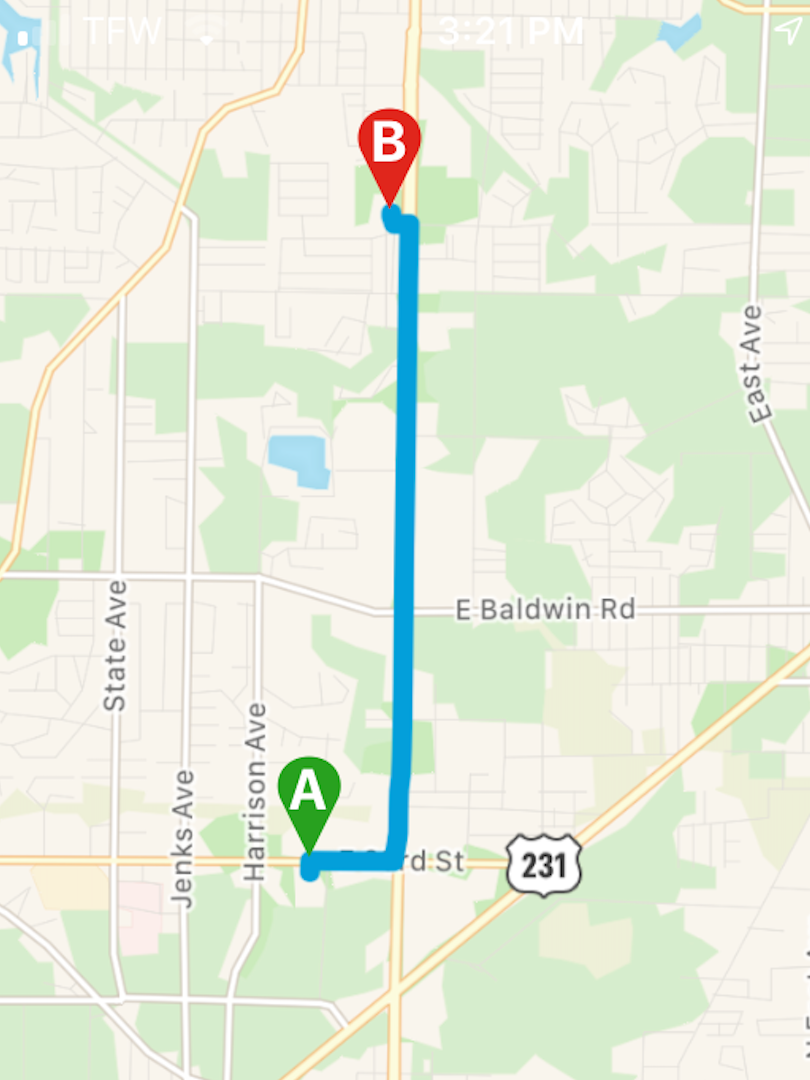 map with route from point A to point B in driver monitoring app