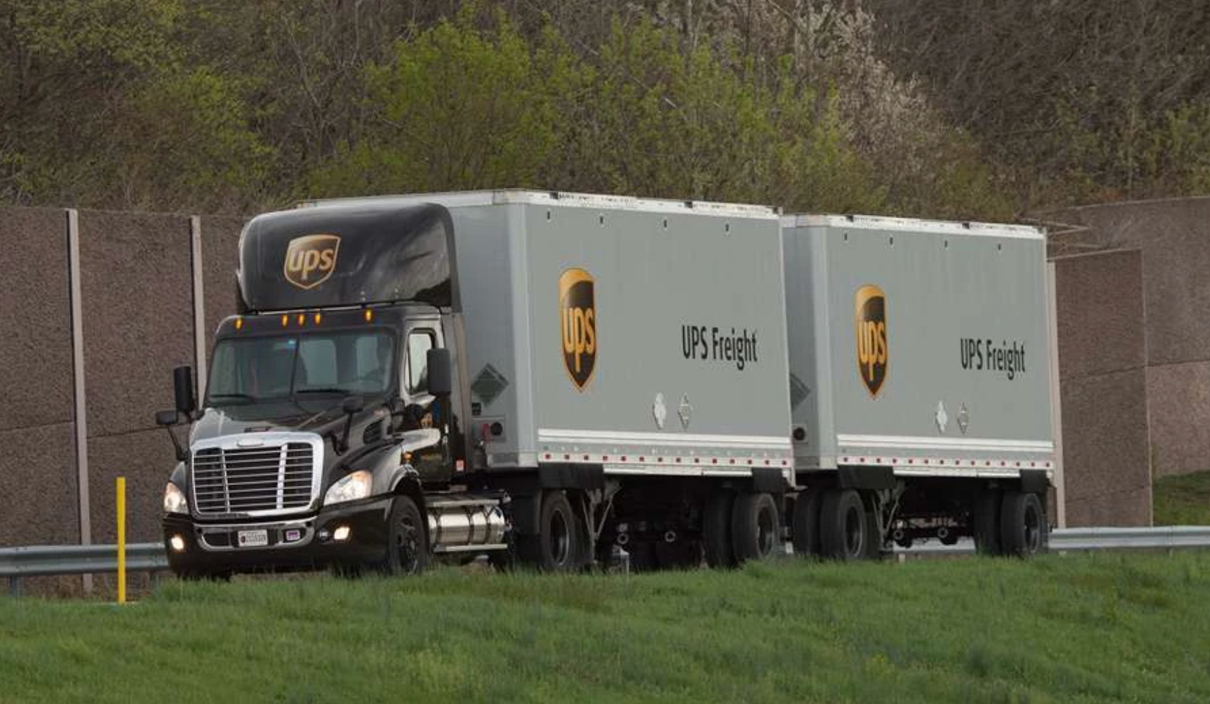 ups freight truck with double trailers
