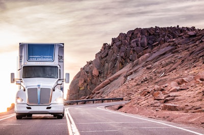 Regenerative braking during the downhill runs from Pikes Peak charged up both the Kenworth T680 FCEV (shown here) and the Peterbilt 579EV.