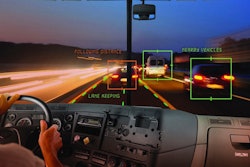 Depiction of advanced camera systems alerting driver to lane keeping and nearby vehicles