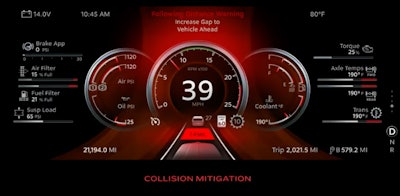 Customizable user interface showing collision mitigation and gauges for MPH, air, oil, coolant, and more