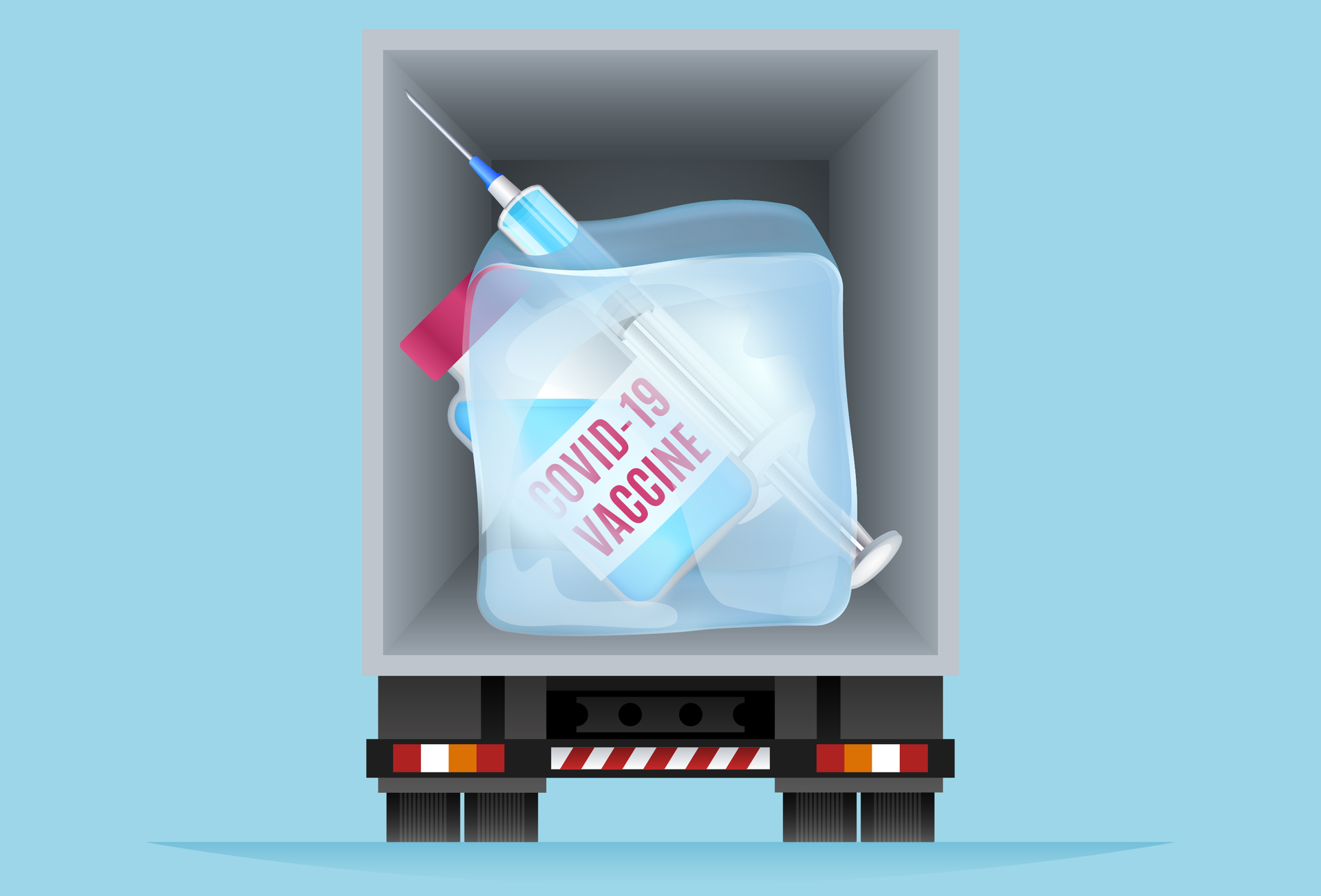 Covid-19 vaccine and needle in the back of a semi-truck clipart