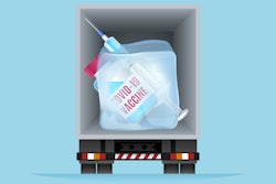 Covid-19 vaccine and needle in the back of a semi-truck clipart