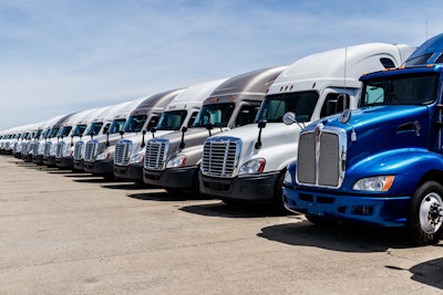 Line of parked semi trucks