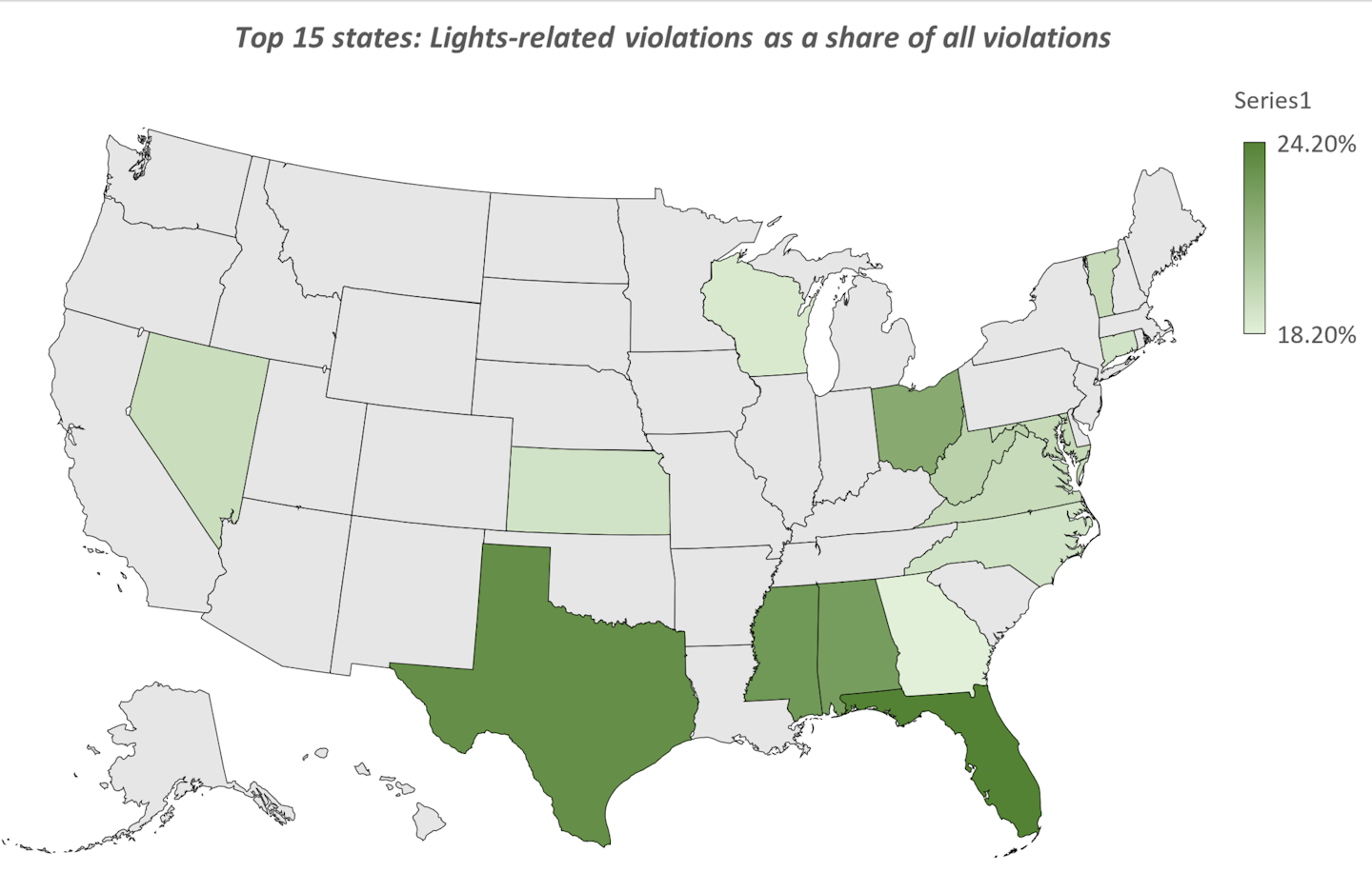 The shaded states above represent those states that occupy the top 15 spots for the greatest share of all violations written there having to do with lights -- among the focus areas (along with the hours of service, of this year's annual Roadcheck three-day inspection blitz, May 4-6). See below for a numbered list of these 15 toughest states when it comes to prioritizing light violations. Chart and list are based on 2019 calendar year inspection data as reported to the federal MCMIS database.