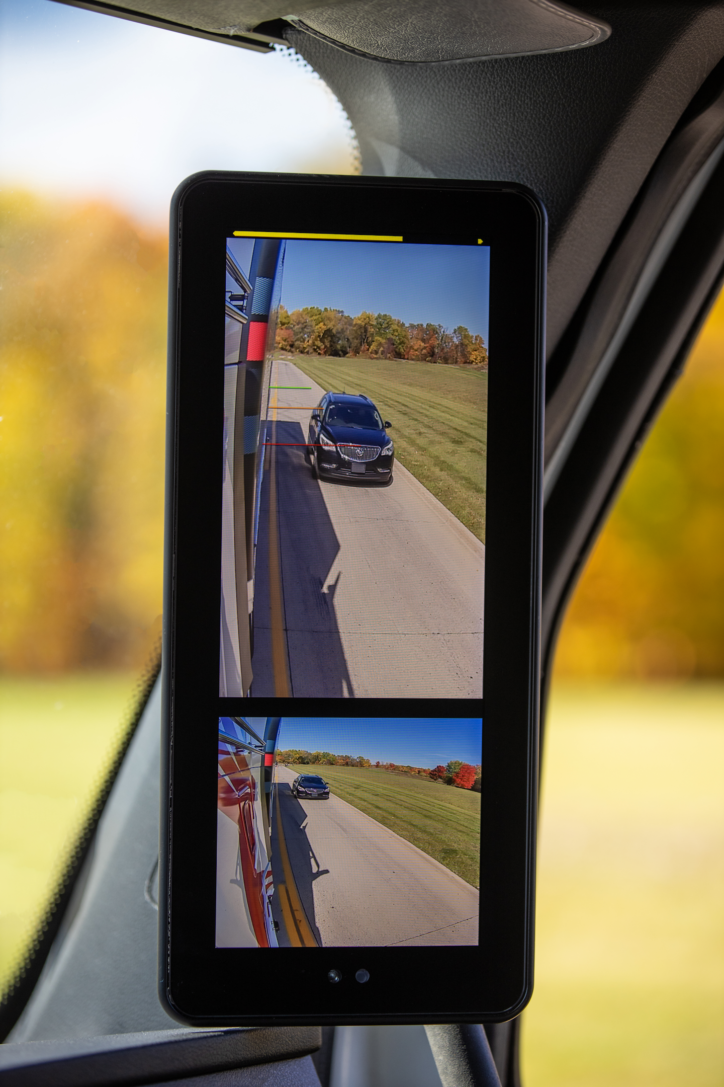 MirrorEye monitors inside the cab mimic conventional truck mirrors but provide a much better view around the tractor which eliminates blind spots.
