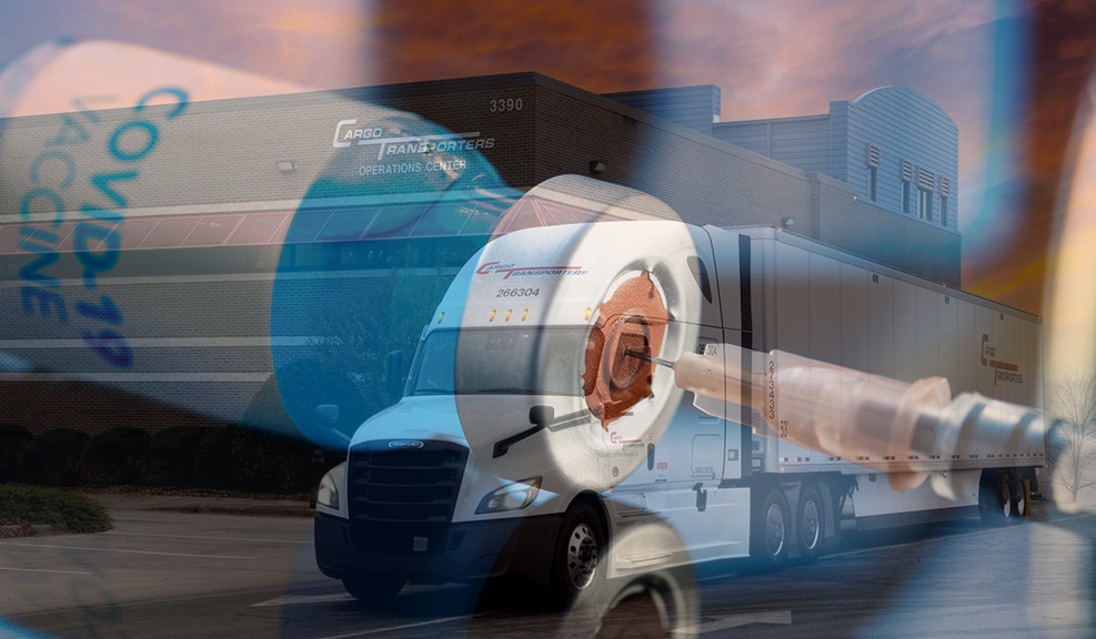 Semi-truck with COVID-19 vaccine and needle