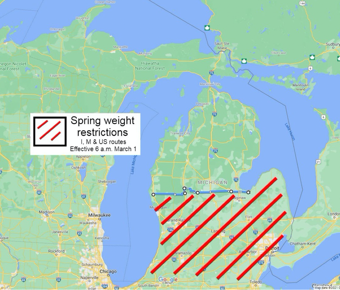 Michigan's spring weight restrictions took effect in the shaded areas on March 1.