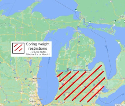 Michigan's spring weight restrictions took effect in the shaded areas on March 1.