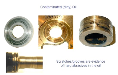 metal turbocharger components with scratches and grooves caused by hard abrasives in contaminated oil