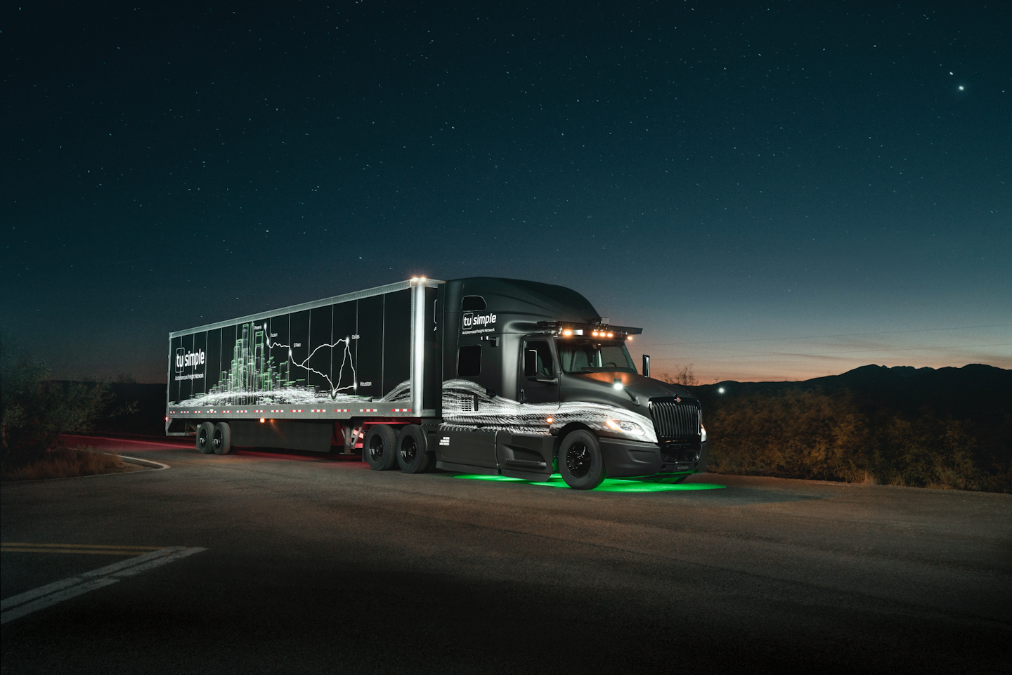 self driving truck animation at night