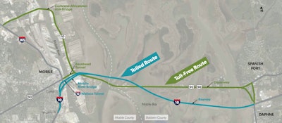 The proposed bridge over the Mobile River would be required for trucks longer than 46 feet and would reconnect with car traffic at the Mobile Bayway.