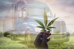 transparent semi truck with transparent hand in front of truck holding marijuana leaf