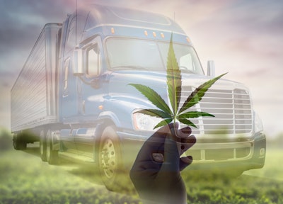 transparent semi truck with transparent hand in front of truck holding marijuana leaf