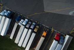aerial view of parked semi trucks