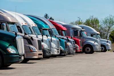 Line of parked semi trucks