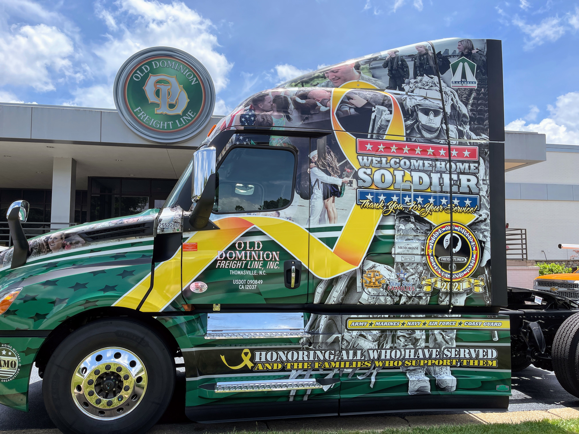 Old Dominion Freight Line&rsquo;s new Ride of Pride-wrapped tractor from Daimler Trucks sits on display outside the company's corporate office in Thomasville, North Carolina. The truck, which features a patriotic graphic that honors American servicemen and women, will be adopted into the fleet and will travel between U.S. service centers over the next few years. Veterans at each location will have the opportunity to drive it.